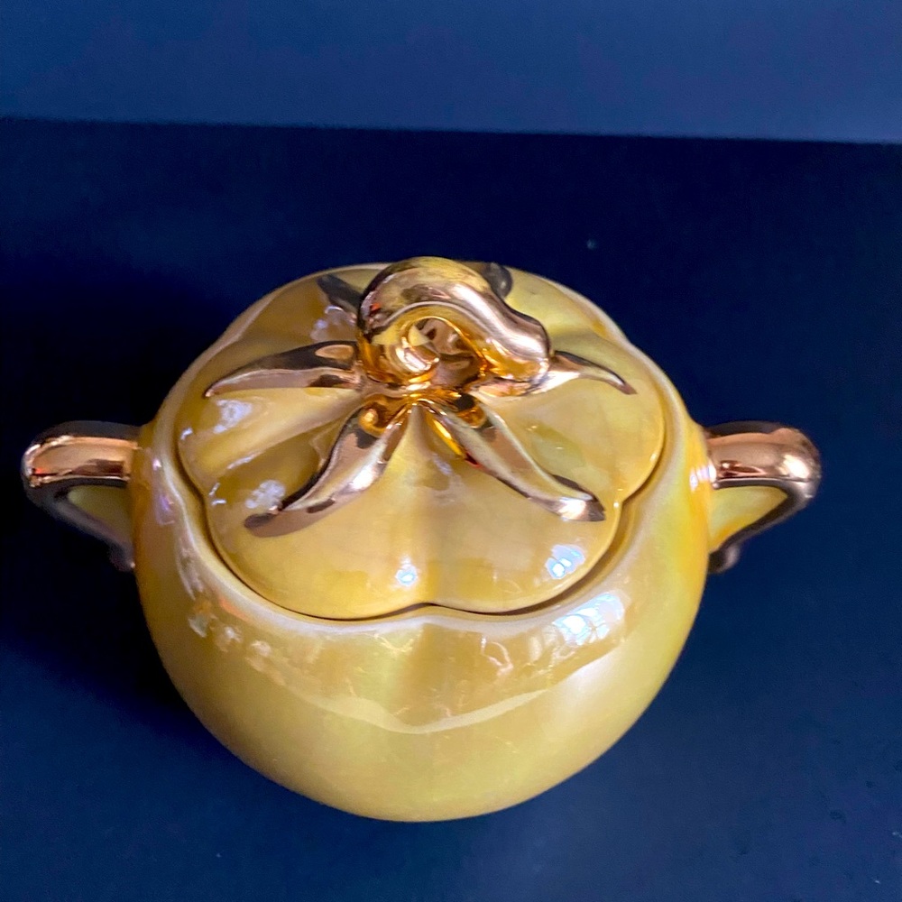 Vintage Yellow and Gold Pumpkin Sugar Bowl Iridescent Signed GV